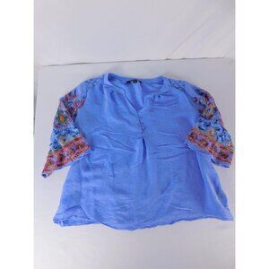 ZAC & RACHEL Blouse Womens L Blue Kimono Flared Sleeve Embroidered Button